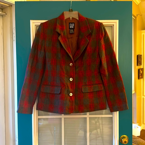Vintage GAP Wool Blend Blazer Jacket Red Gray Plaid Lined Academia 90s - Picture 1 of 2